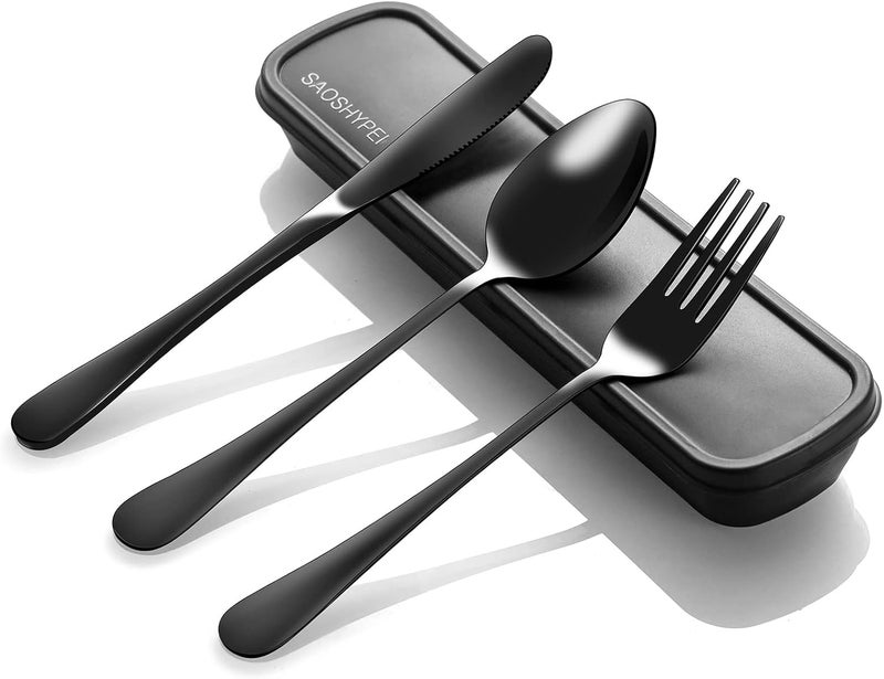 SAOSHYPEI Portable Utensils Set with Case, 4pcs Stainless Steel Reusable Silverware for Lunch Camping School Picnic Workplace Travel, Lunch Box Includ Fork Spoon Knife,Easy to clean,Dishwasher Safe(Black) - Image 1